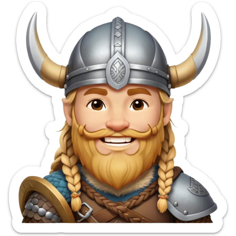 Clash of Clans aesthetic: Cinematic Cheerful Viking Portrait Emoji, With a bright, confident smile and a relaxed, adventurous stance, showcasing a stylized, spirited build with a classic Viking helmet and braided hair, his natural skin tone lending authenticity, Simplified yet expressive features, highly detailed, glowing with a soft, golden Nordic radiance, high shine, upbeat and courageous, stylized with an air of classic Viking heroism, soft glowing outline, capturing the essence of a cheerful Viking ready to embark on legendary quests! sticker