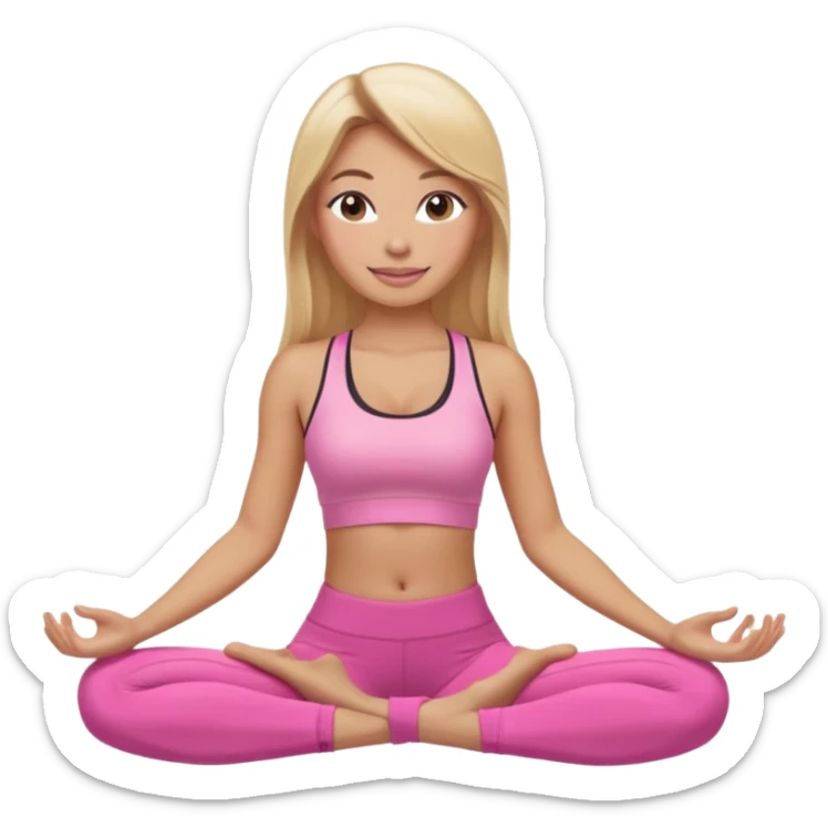 Mujer color de piel moreno claro con cabello rubio suelto y lacio y largo, que tenga gloss en los labios y se vea usando Blush rosita, usando un top rosa deportivo y leggins deportivo rosa en una pose de yoga sentada, viendo hacia enfrente con ojos negros y sonriendo sin mostrar los dientes sticker