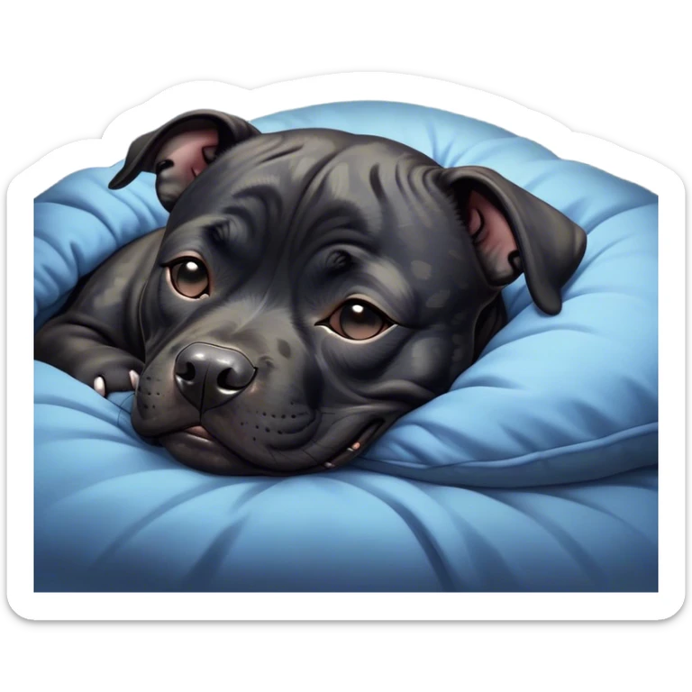 Meme-Worthy Cute Sleeping Black/Brindle Staffordshire Bull Terrier Portrait Emoji, Head resting peacefully with a contented smile, showcasing a delightfully compact build and a luxuriously soft Fur with an attractive black and brindle blend, eyes shut in a serene nap, Simplified yet hilariously adorable features, highly detailed, glowing with a soft, drowsy light, high shine, relaxed and utterly lovable, stylized with an air of playful laziness, bright and heartwarming, soft glowing outline, capturing the essence of a comically sleepy guardian, so meme-worthy it feels like it could instantly become the next viral sensation of adorable slumber! sticker