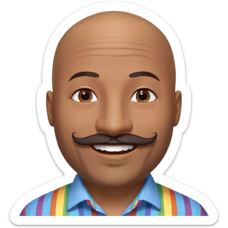 Oxumarê as a very happy and spontaneous smiling 37-year-old bald man with very dark skin, smooth oval head, indigenous facial features, mustache with circular beard only on chin, a round mole on the right side below the lip, wearing a blue striped dress shirt, with rainbow serpent, Memoji style sticker