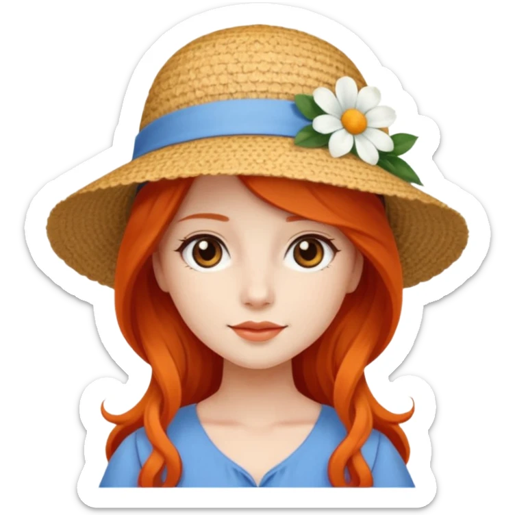 girl_wearing_summer_hat, white flower on hat, red orrange long hair, blue dress sticker