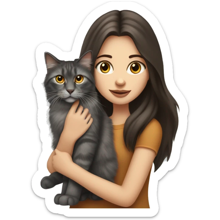 long straight haired blue eyed brunette woman holding norwegian forest cat with amber eyes sticker