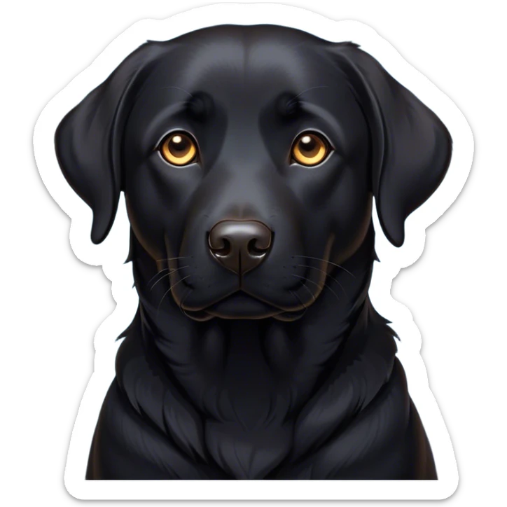 Cinematic Noble Black Labrador Portrait Emoji, Poised and regal, with a robust, muscular build and a sleek, shiny pure black Fur, deep-set soulful brown eyes, Simplified yet sharp and sophisticated features, highly detailed, glowing with a soft, dignified glow, high shine, intelligent and gentle, stylized with an air of confidence, focused and attentive, soft glowing outline, capturing the essence of a watchful and loving companion, so majestic it feels as though it could bound out of the screen with effortless authority! sticker