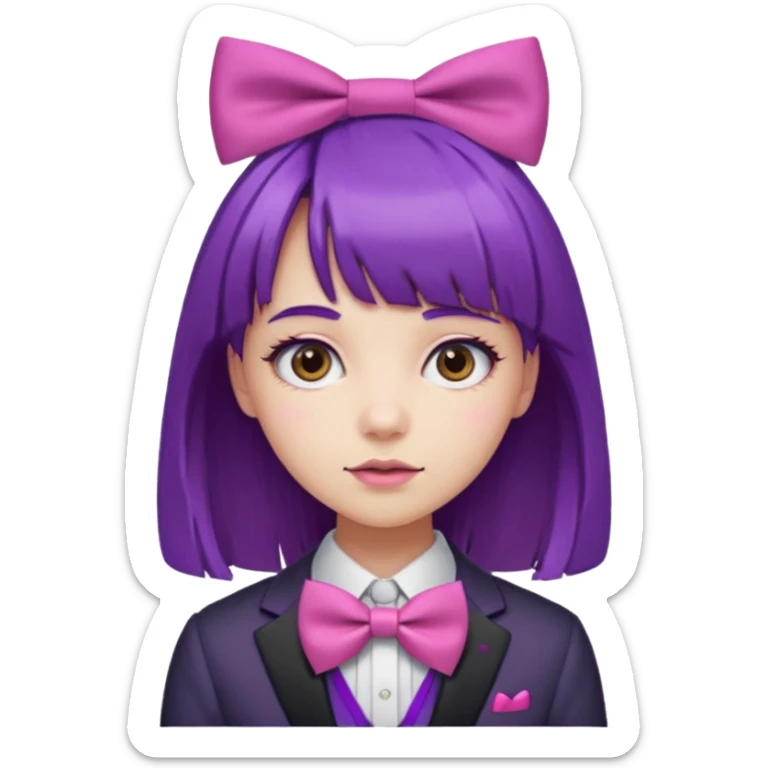 girl with bangs and purple hair and pink hairbow tie sticker