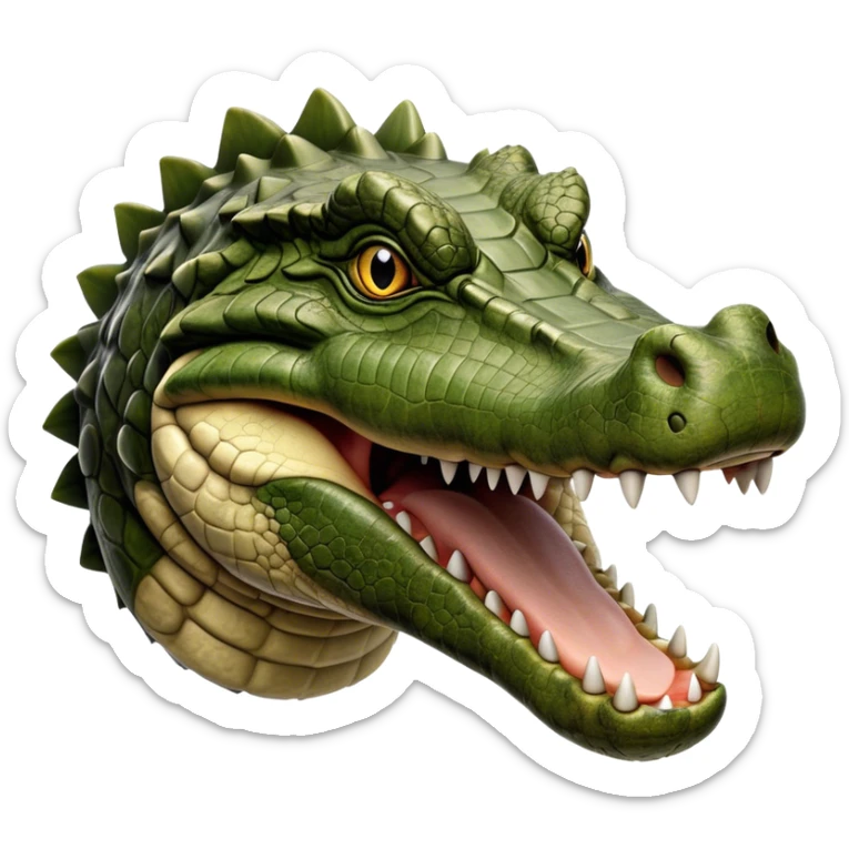 Cinematic Realistic Noble Crocodile Portrait Emoji, Poised and formidable, with a massive, muscular build and a rugged, intricately textured scaly hide in deep olive-green with natural camouflaged patterns, a powerful, fearsome jaw and piercing, ancient eyes rendered in lifelike detail, high shine, intelligent and imposing, styled with an air of primal authority, focused and attentive, soft glowing outline, capturing the essence of a watchful and confident crocodile that appears ready to surge out of the screen with effortless power! sticker