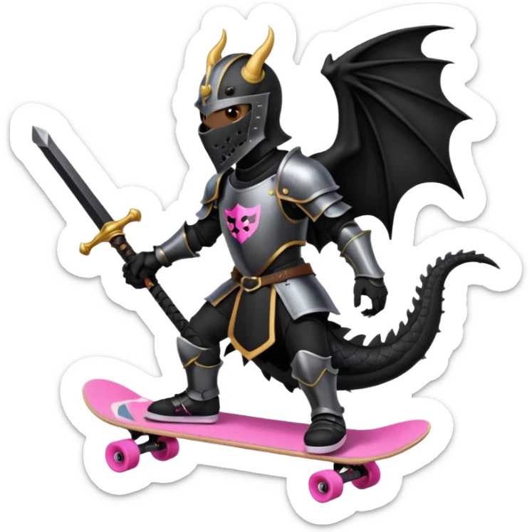 zwarte ridder met een zwarte zwaart en een zwarte schild met een zwarte draak op en hij skate met een roze skatebord en hij  zit tegen een draak te vechten sticker