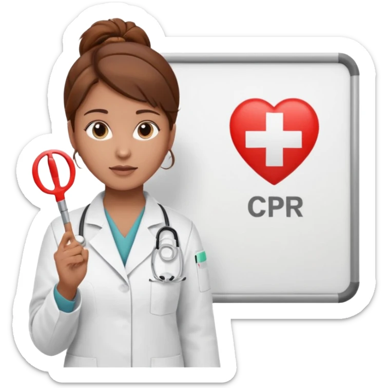 Teacher, female, brown hair up, holding a pointer to a white board with a CPR logo. sticker