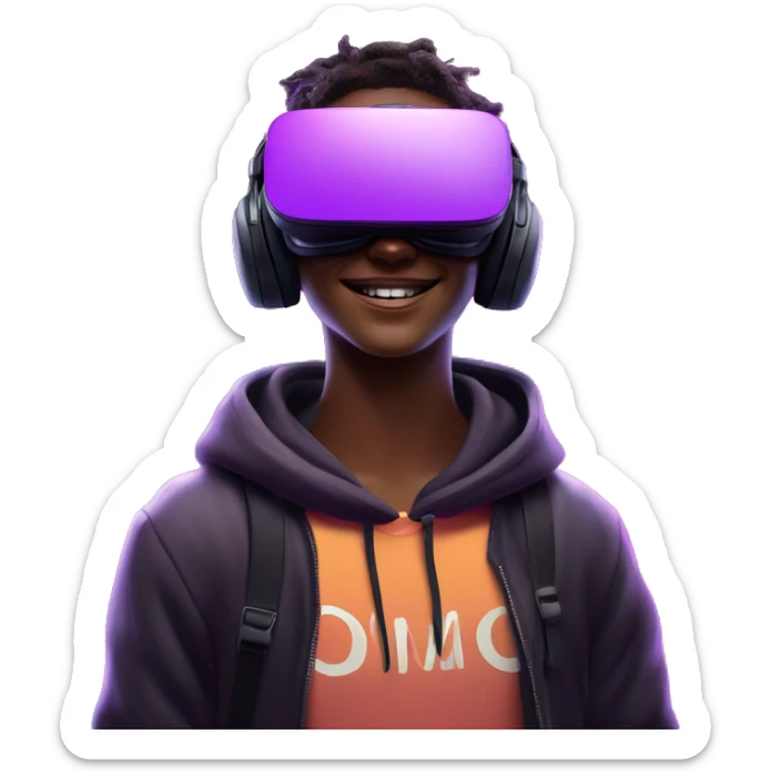 Happy student wearing a black hoodie with "OMG" letters on it and VR headset oculus quest 2 in a cyberpunk VR environment with violet neon lighting. sticker