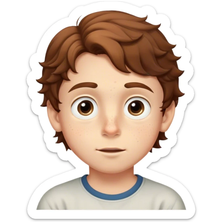 A young boy with wavy brown hair, large expressive eyes, and freckles across his cheeks. He has a curious and adventurous expression, with slightly raised eyebrows and a gentle smile, light skin sticker
