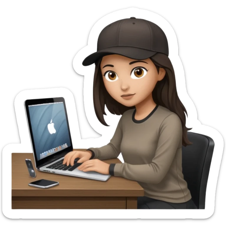A professional 3D avatar of a young woman with olive skin and long, dark brown hair, wearing a dark, long-sleeved classy taupe shirt and a black baseball cap. She's sitting at a sleek wooden desk, typing and looking at a silver MacBook.  sticker