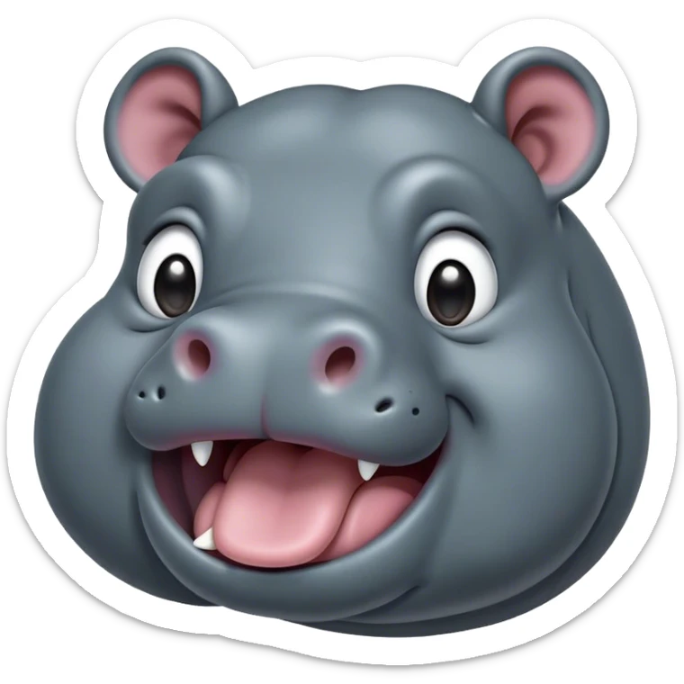 Cinematic Cute Yawning Hippo Portrait Emoji, Head tilted slightly with a dramatic, wide-open yawn, showcasing a soft, smooth slate-gray hide with gently drooping ears, round eyes barely open in drowsy contentment, Simplified yet irresistibly adorable features, highly detailed, glowing with a soft, cozy glow, high shine, relaxed yet expressive, stylized with a touch of aquatic charm, bright and endearing, soft glowing outline, capturing the essence of a sleepy yet affectionate hippo, so drowsy it feels like it could stretch out of the screen and curl up for a nap! sticker