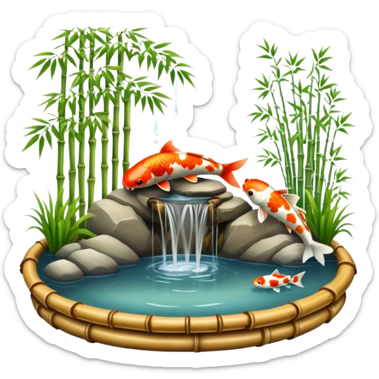 Romantic Asian koi fish pond and bamboo fountain scenic scenery landscape deco sticker