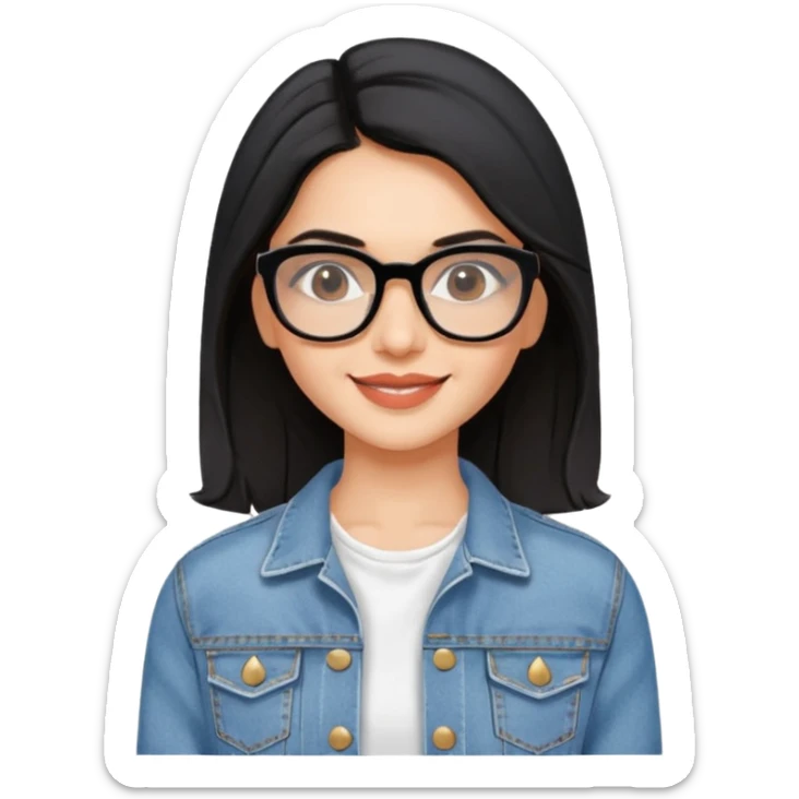 generate a pretty bratz emoji 
Make her wear a white dress with a denim jacket over it. black hair side part 

She should look exactly  like Deepika padukone. wearing rectangular spectacle sticker