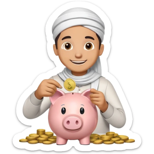 smiling Muslim boy carefully putting coins and bills into piggy bank, emoji style sticker