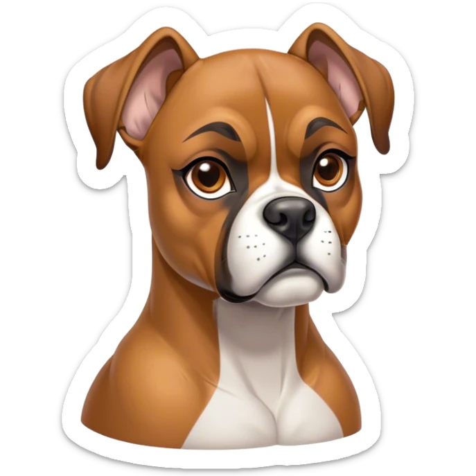 Cinematic Noble Fawn Boxer dog Portrait Emoji, Poised and regal, with a strong, muscular build and a sleek, well-groomed fawn Fur accented by a white muzzle and chest, deep-set soulful brown eyes, Simplified yet sharp and sophisticated features, highly detailed, glowing with a soft, dignified glow, high shine, intelligent and loyal, stylized with an air of strength, focused and attentive, soft glowing outline, capturing the essence of a watchful and confident guardian, so majestic it feels as though it could step out of the screen with effortless authority! sticker