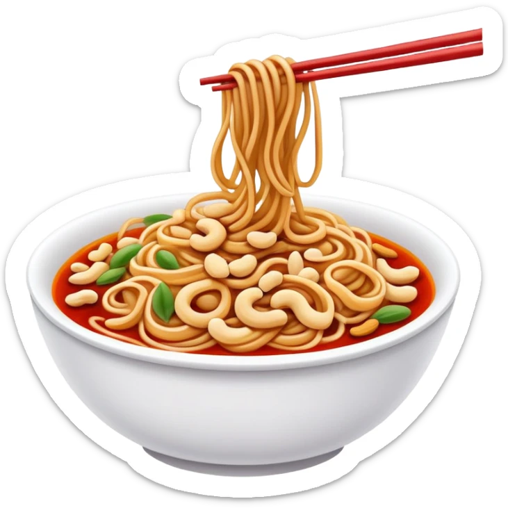 Chongqing Xiaomian spicy noodles with red oil and peanuts, simplified emoji style with bold outlines and bright colors, cartoon style Sichuan street food sticker