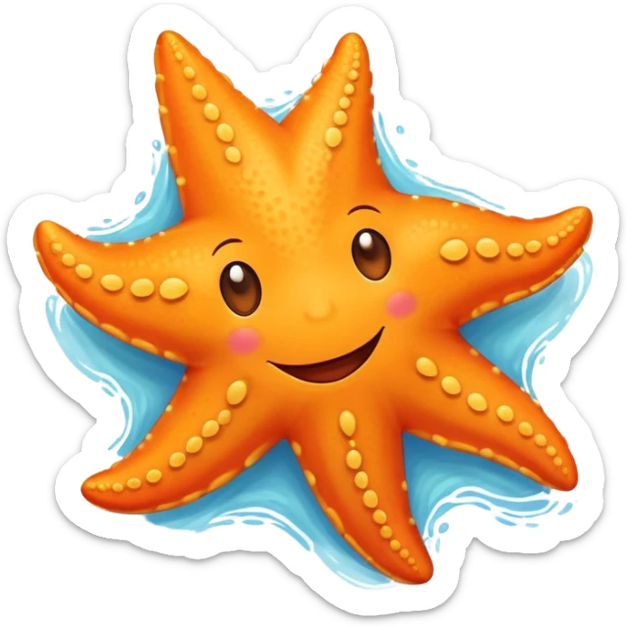 An orange starfish with a happy face smiles as it gently moves along the ocean floor sticker