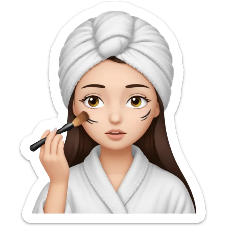 Girl with brown hair in white dressing gown and white towel wrapped in her head doing her makeup. Eyes closed white dark hair and towel wrapped differently doing mascara sticker