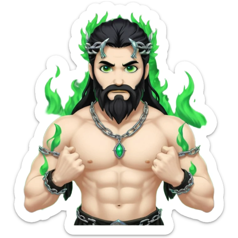 hades greek god with green flames and beard with chains on his arms and neck, Long hair. Dynamic pose sticker