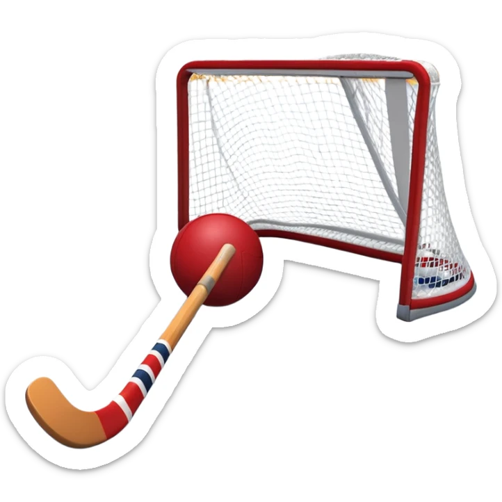 A red ball and hockey stick resting on an ice rink, with the goalposts and clear markings in the background. The scene captures the unique nature of field hockey with a ball on ice, emphasizing the speed and precision of the sport in a cold, competitive atmosphere. sticker