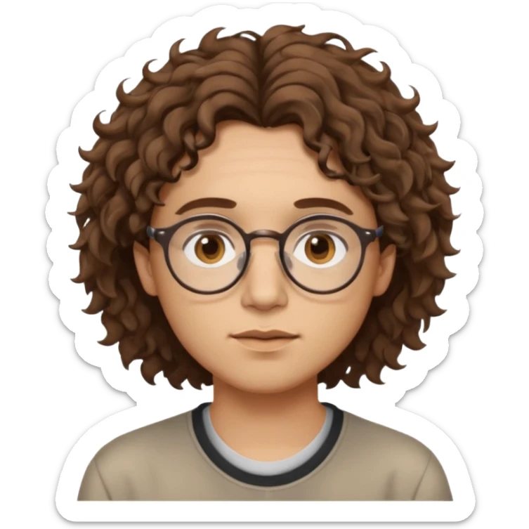 Slim, slightly oval face, light skin.
Medium-length brown wavy/curly hair, slightly messy.
Brown eyes, round eyeglasses.
Soft, calm expression.
No beard or very light stubble.
Minimal, high-quality style, not cartoonish.
Neutral background, soft lighting. sticker
