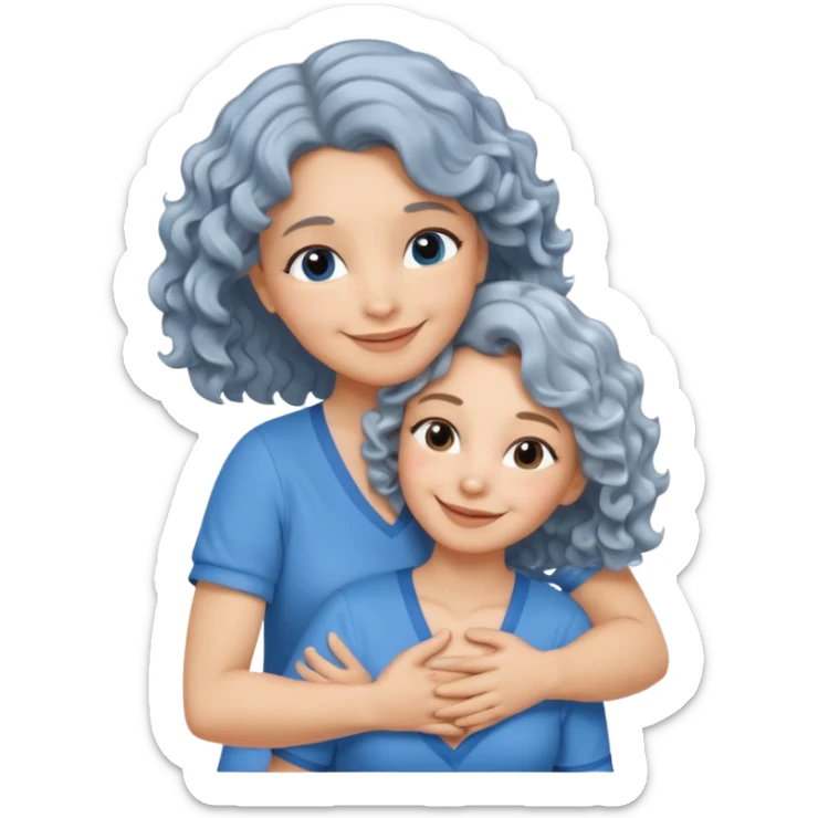 Silver hair, wavy/curly hair chin-length lady giving hug with 2 arms,  v-neck and smiling, add a heart, blue shirt sticker
