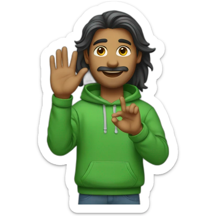 an indian man wearing a green sweatshirt, long hair, no facial hair, waving goodbye sticker