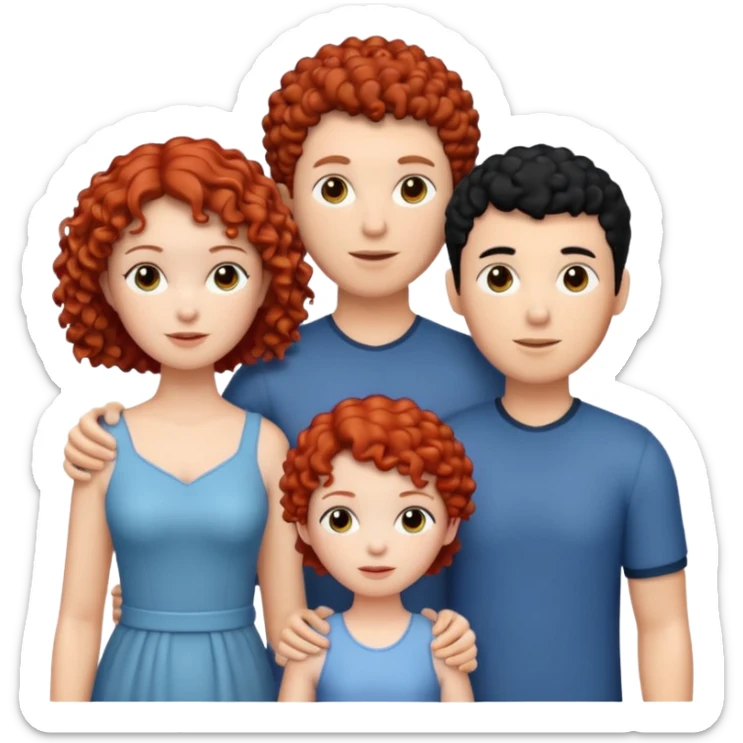 crie uma figurinha com uma família de três uma mulher branca de cabelo  cacheado curto vermelho um homem branco de cabelos preto e uma menina branca de cabelos cacheados preto sticker