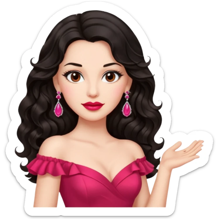 confident brunette woman, long black wavy hair, pink lipstick, red dance dress, big earrings, mature look sticker