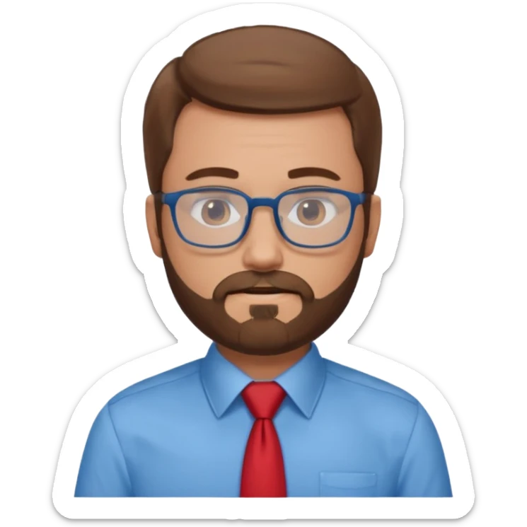 white-man-businessman-with-beard, brown hair, glasses, blue shirt, red tie sticker