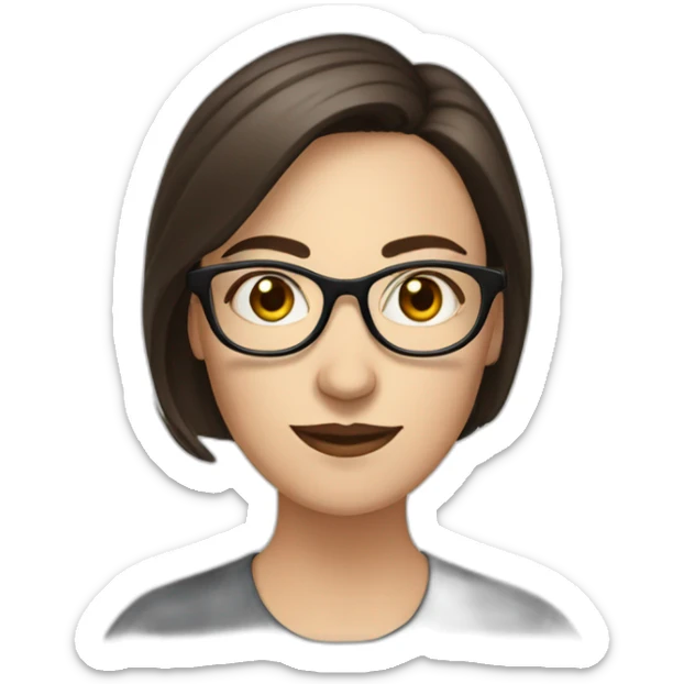 white woman with dark brown hair at shoulder level with glasses and big nose. elongated face sticker
