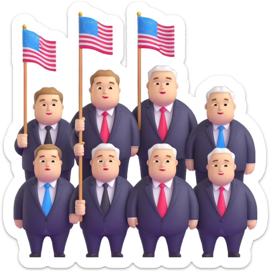 group of fat politicians together wearing suits with flag pins sticker