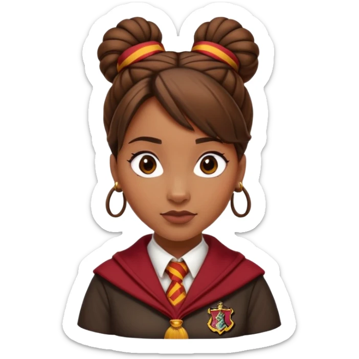 Angelina Johnson in harry potter, wear hogwarts gryfindor uniform,  thick, brown knot bun hair , reflecting her bold, stylish, and strong personality sticker