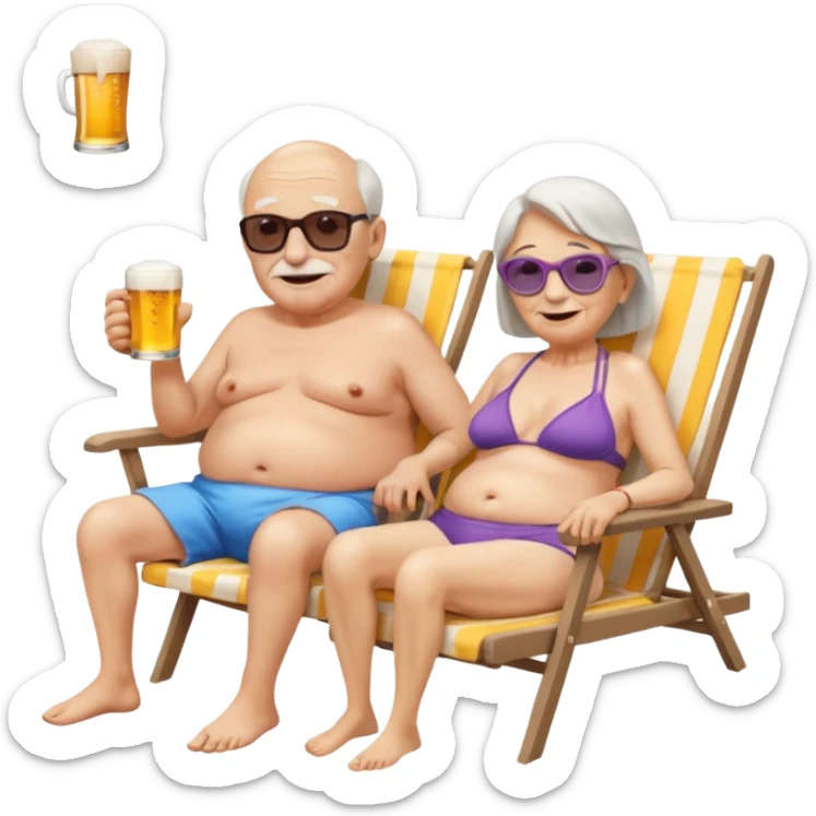 an emoji that shows elderly one slim woman in bikini and one man with dickbauch in bath shorts, both are retired and are lying in sun-chairs at the beach to recover from retiring-stress sticker