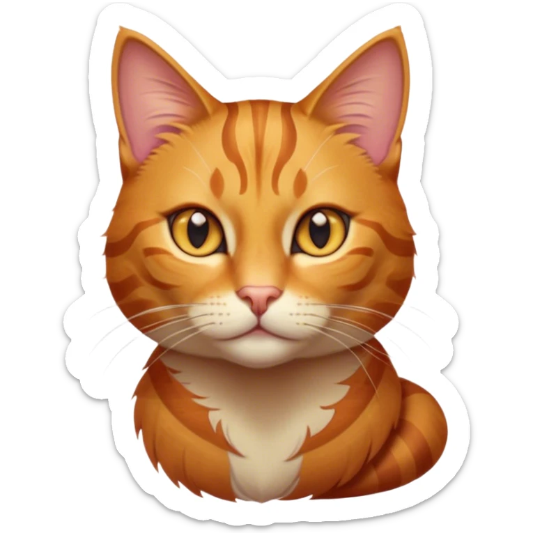 Cinematic Noble Ginger Tabby Cat Portrait Emoji, Poised and regal, with sleek orange-brown fur featuring bold tabby stripes and a distinct M-shaped marking on the forehead, bright amber eyes, Simplified yet sharp and sophisticated features, highly detailed, glowing with a soft, dignified glow, high shine, intelligent and graceful, stylized with an air of elegance, focused and attentive, soft glowing outline, capturing the essence of a watchful and refined feline, so majestic it feels as though it could glide across the screen with effortless confidence! sticker