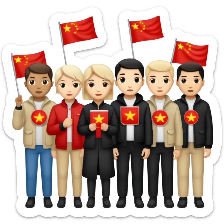 Chinese and Western white elites wearing grassroot clothing joining social movement sticker