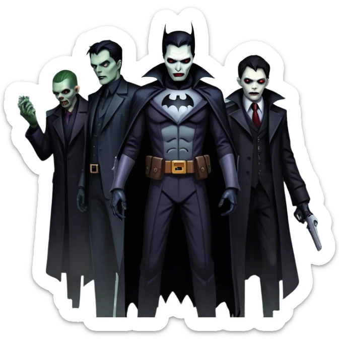 Icon for Thriller Movies: A large, dramatic collage featuring sinister villains and zombies in dark clothing. The background shows the gloomy cityscape of Gotham with dim lighting and eerie shadows. The atmosphere should be tense, mysterious, and suspenseful. Transparent background. sticker