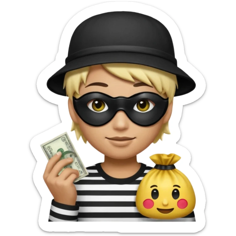 Realistic ios emoji-style portrait of a classic burglar, a black eye mask and a black-and-white striped shirt. Highly detailed, natural skin texture, realistic shadows, smooth gradients, glossy reflections in the eyes. emoji-like hair, black hat, an ios emoji bag of money in a right corner  sticker