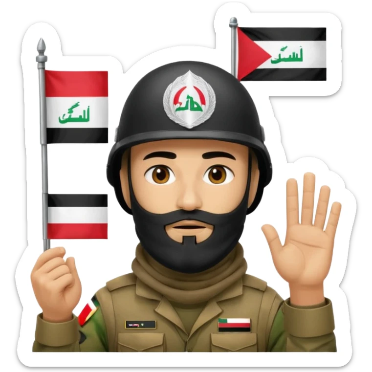 surrenders, depicts an Iraqi soldier from 1980, with a beard, in a helmet, a helmet with sign flag Iraq, with a balaclava, with sad eyes and both hands raised up sticker