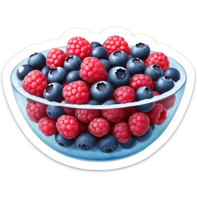 small mix of whole frozen berries including raspberries, strawberries, blueberries, redcurrants, coated with a light frost layer, slightly muted colors and icy sparkle, loosely clustered or lightly scattered, no bag, bowl, or garnish, just the fruits, soft lighting, subtle shadows, emoji scale sticker