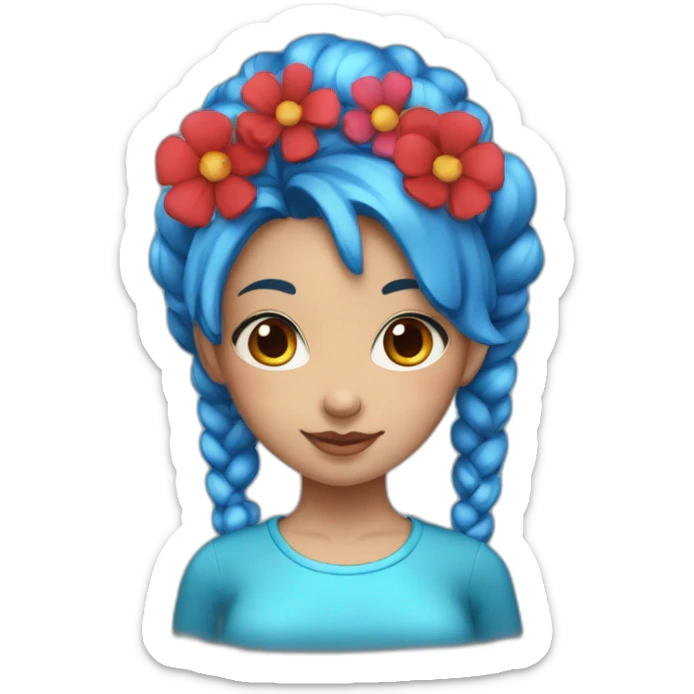 girl with blue hair, blue eyes and two pigtails. she’s wearing a mink shirt with flowers and had red round small earrings sticker