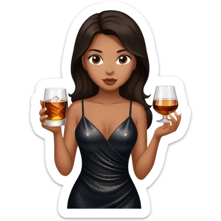 Beautiful woman in 1950’s woman fashion look, black shimmery dress, long dark brown hair, whisky with ice sticker