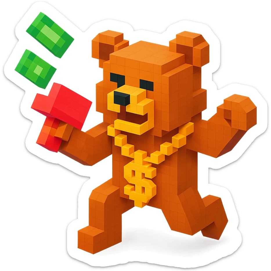Russian grizzly bear with a rapper chain and money gun, in a dynamic pose sticker