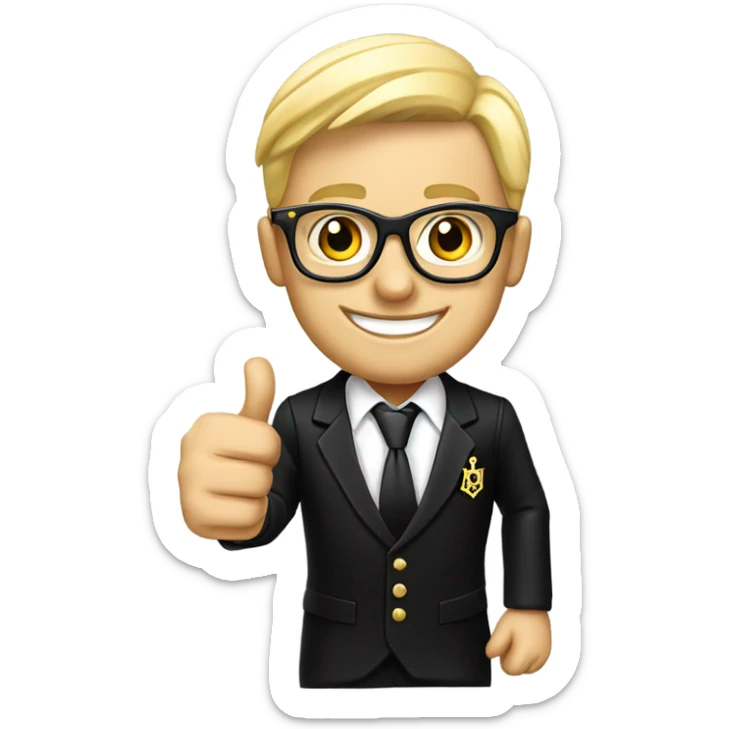 A modern blond , wearing glasses, English Freemason in a black lounge suit, giving a thumbs up , and smiling. He is wearing a Masonic jewel sticker