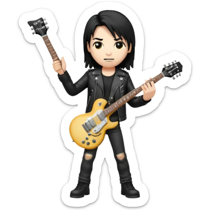 3D Apple-style emoji of a metal musician holding an electric guitar with a bold "ROCK" sign above. Long hair, black leather jacket, ripped jeans, intense expression. Rounded, glossy, smooth, soft shadows, white background.











 sticker