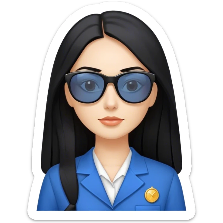 Fair skinned pretty woman with long straight black hair with sun glasses and blue teacher uniform  sticker