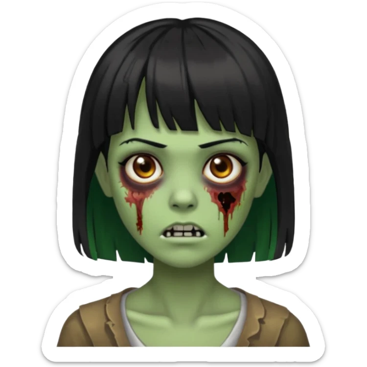 Uma zumbi com os cabelos pretos, mediano, liso e com franja, olhos castanhos sticker