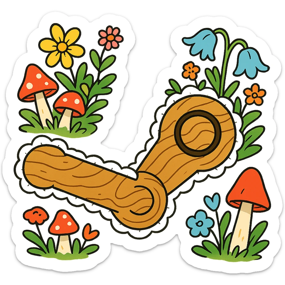 playful cottagecore Steam logo: logo made of puffy wood and lace, cartoonish wildflowers and mushrooms, bright cheerful, no text sticker