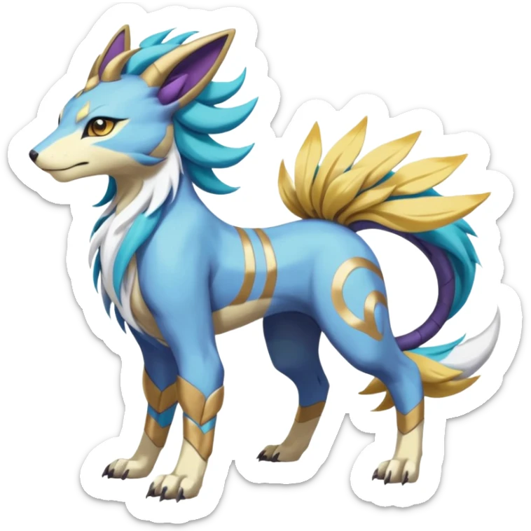 Colorful Skilled Adept Graceful Asian Painted WereGarurumon-Suicune-Linoone-Meloetta-Renamon-fusion-hybrid-creature (full body) sticker
