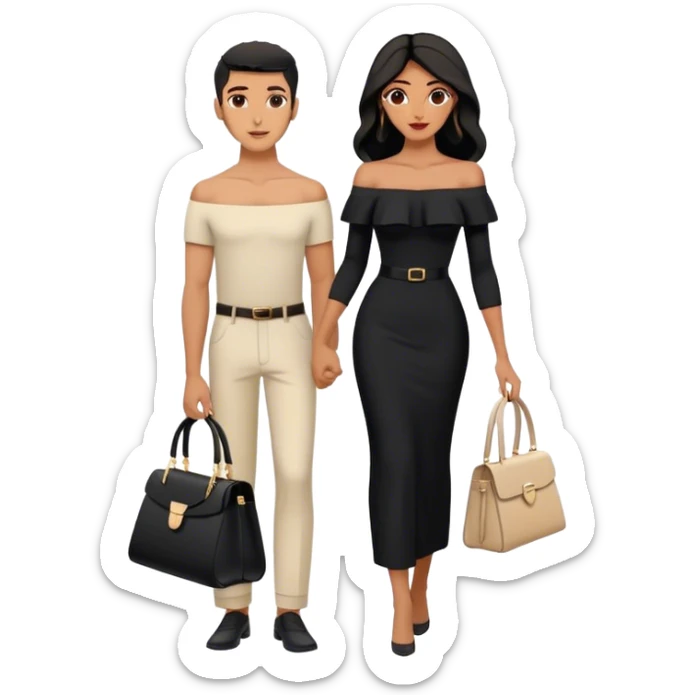the Lebanese man dressed in all black, and the Palestinian woman in an elegant off-shoulder cream-colored outfit with a matching handbag. sticker